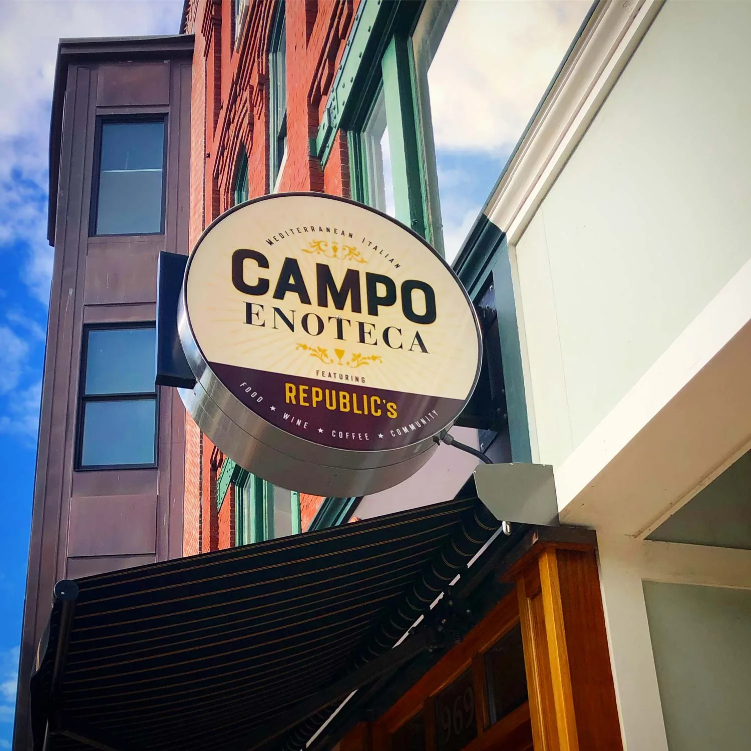 Campo Enoteca storefront sign on Elm Street in Manchester, New Hampshire