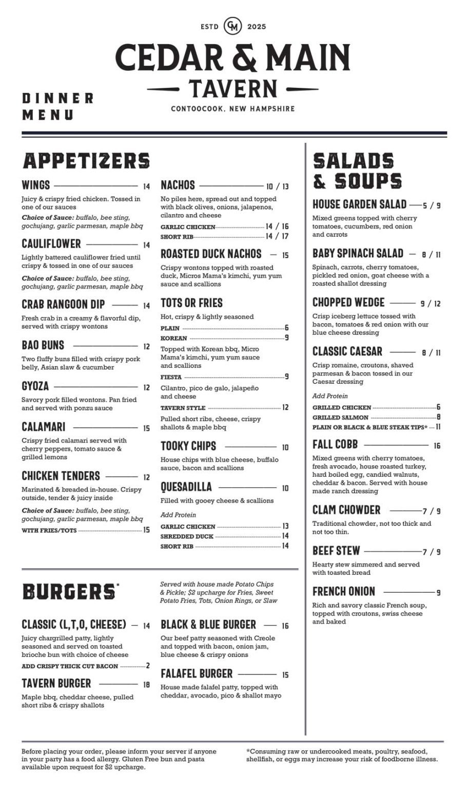 Cedar and Main Menu Design