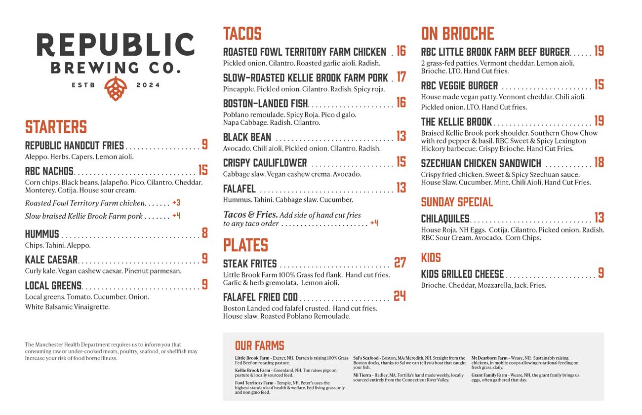 Republic Brewing Manchester Menu Print