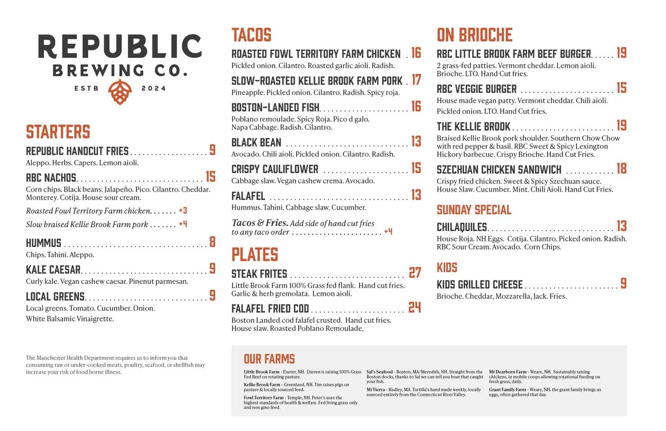 Republic Brewing Manchester Menu Print