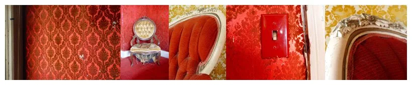 Close-up photos of wallpaper and furniture from hotel in downtown Los Angelos